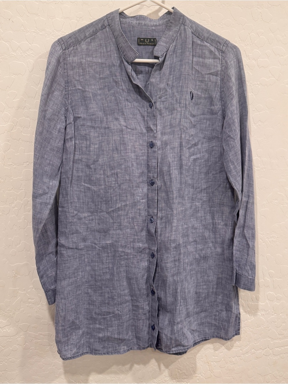 Fred Perry Light Blue Linen Band-Collar Button-Down Shirt Womens Small Lagenlook